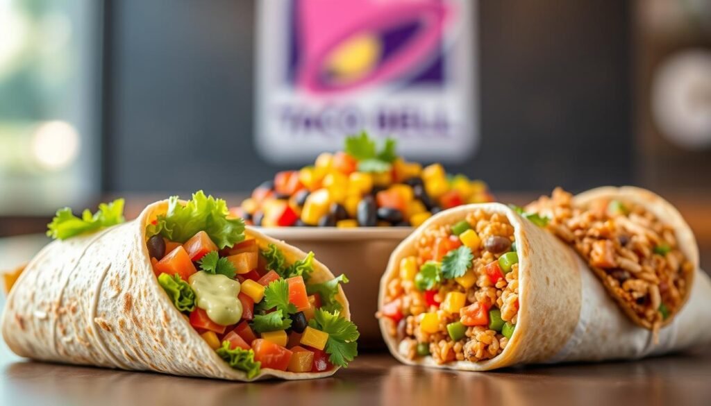 A beautifully arranged display of Taco Bell's top vegetarian menu items, showcasing colorful and appetizing bites. In the foreground, highlight the Crunchwrap Supreme, filled with fresh lettuce, diced tomatoes, and creamy avocado sauce. Next to it, feature a vibrant Veggie Power Menu Bowl, with a mix of black beans, corn, and pico de gallo, garnished with cilantro. In the middle ground, include a loaded Fiesta Veggie Burrito, bursting with rice and peppers. The background should subtly blend in Taco Bell's signature branding elements, like their iconic purple and yellow logo. Soft, natural lighting illuminates the food, creating a warm and inviting atmosphere. A shallow depth of field emphasizes the details of each dish while maintaining a casual dining vibe, perfect for capturing the essence of a vegetarian taco experience.