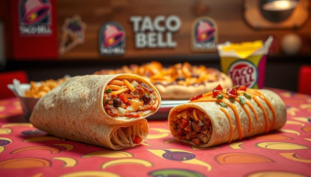 A beautifully arranged display of memorable Taco Bell discontinued menu items, prominently featuring a Crunchwrap Supreme, Mexican Pizza, and the infamous Beefy Fritos Burrito, all set on a vibrant, taco-themed tablecloth. In the foreground, the Crunchwrap is fully assembled, showcasing its layers of ingredients. The middle ground captures the Mexican Pizza, its cheesy and savory toppings glistening under warm lighting. The background features subtle elements like Taco Bell branding and colorful sauce packets, creating a nostalgic ambiance. The scene is brightly lit to evoke a lively and cheerful mood, with a focus on the textures and colors of the food. Photographed with a shallow depth of field, the items are clearly in focus while the background softly blurs, emphasizing the deliciousness of these iconic fast food items. A beautifully arranged display of memorable Taco Bell discontinued menu items, prominently featuring a Crunchwrap Supreme, Mexican Pizza, and the infamous Beefy Fritos Burrito, all set on a vibrant, taco-themed tablecloth. In the foreground, the Crunchwrap is fully assembled, showcasing its layers of ingredients. The middle ground captures the Mexican Pizza, its cheesy and savory toppings glistening under warm lighting. The background features subtle elements like Taco Bell branding and colorful sauce packets, creating a nostalgic ambiance. The scene is brightly lit to evoke a lively and cheerful mood, with a focus on the textures and colors of the food. Photographed with a shallow depth of field, the items are clearly in focus while the background softly blurs, emphasizing the deliciousness of these iconic fast food items.