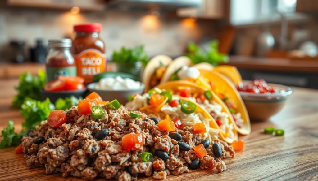 A close-up of fresh Taco Bell meat ingredients displayed on a wooden kitchen table. In the foreground, prominent ingredients include seasoned ground beef, shredded chicken, and black beans garnished with diced tomatoes, lettuce, and cheddar cheese. The middle ground features taco shells ready to be filled, along with vibrant salsa, sour cream, and jalapeños. In the background, soft kitchen lighting creates a warm, inviting atmosphere, highlighting the freshness of the ingredients. A shallow depth of field softly blurs the edges, focusing on the textures and colors of the ingredients. The overall mood is appetizing and intriguing, inviting curiosity about the authenticity of the food. No text or watermarks are included.