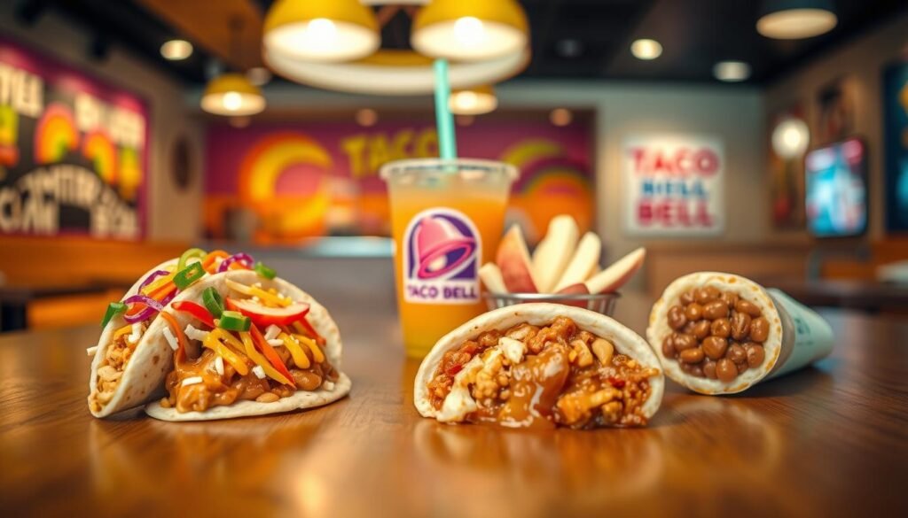 A colorful and appetizing display of Taco Bell Kids Menu items arranged enticingly on a wooden table. In the foreground, there are vibrant, kid-friendly dishes including a soft taco, a cheesy quesadilla cut into fun shapes, and a small bean burrito, all styled with playful garnishes like colorful veggies and bright sauces. The middle ground features a cup of refreshing beverage, possibly a fruit-flavored drink, positioned alongside a side of apple slices. Behind this setup, the background is softly blurred to reveal a cozy Taco Bell restaurant interior, with cheerful, welcoming decor and soft, warm lighting that creates a lively atmosphere. The scene conveys a sense of fun, warmth, and family-friendly dining, perfect for children. The angle captures the food from slightly above, highlighting the texture and colors. A colorful and appetizing display of Taco Bell Kids Menu items arranged enticingly on a wooden table. In the foreground, there are vibrant, kid-friendly dishes including a soft taco, a cheesy quesadilla cut into fun shapes, and a small bean burrito, all styled with playful garnishes like colorful veggies and bright sauces. The middle ground features a cup of refreshing beverage, possibly a fruit-flavored drink, positioned alongside a side of apple slices. Behind this setup, the background is softly blurred to reveal a cozy Taco Bell restaurant interior, with cheerful, welcoming decor and soft, warm lighting that creates a lively atmosphere. The scene conveys a sense of fun, warmth, and family-friendly dining, perfect for children. The angle captures the food from slightly above, highlighting the texture and colors.