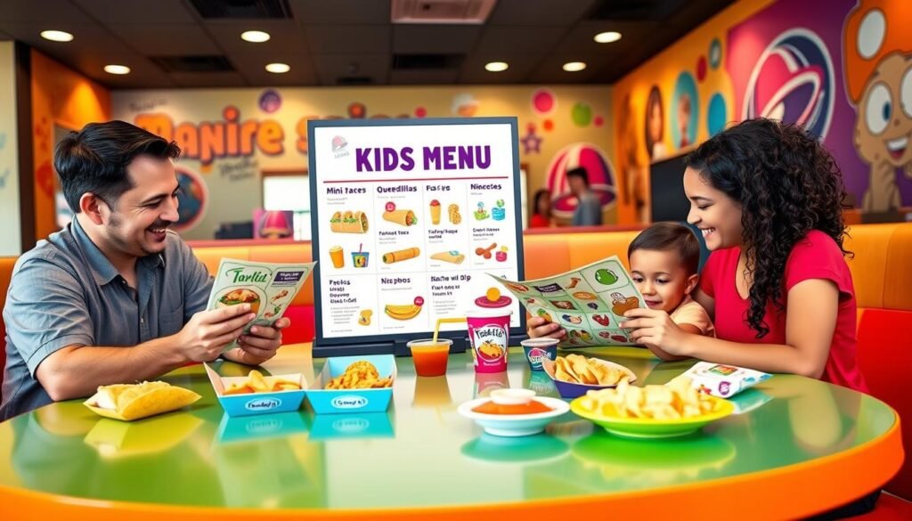 A colorful and vibrant Taco Bell restaurant interior showcasing the updates to the Kids Menu. In the foreground, a family of four—parents in casual yet neat clothing—are seated at a brightly colored table, examining a fun, illustrated kids' menu. On the table, an array of appealing, kid-friendly food items like mini tacos, quesadillas, and nachos with dip are presented in playful packaging. In the middle, a prominent display board highlights the new additions to the kids’ offerings, featuring charming artwork and playful colors. In the background, the restaurant's lively decor includes colorful murals and images of beloved Taco Bell characters, with soft ambient lighting creating a cheerful atmosphere. The scene is captured from a slightly elevated angle, creating a welcoming and inviting mood for families. A colorful and vibrant Taco Bell restaurant interior showcasing the updates to the Kids Menu. In the foreground, a family of four—parents in casual yet neat clothing—are seated at a brightly colored table, examining a fun, illustrated kids' menu. On the table, an array of appealing, kid-friendly food items like mini tacos, quesadillas, and nachos with dip are presented in playful packaging. In the middle, a prominent display board highlights the new additions to the kids’ offerings, featuring charming artwork and playful colors. In the background, the restaurant's lively decor includes colorful murals and images of beloved Taco Bell characters, with soft ambient lighting creating a cheerful atmosphere. The scene is captured from a slightly elevated angle, creating a welcoming and inviting mood for families.