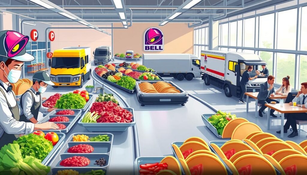 A detailed illustration of Taco Bell's supply chain, featuring a vibrant taco assembly line. In the foreground, fresh vegetables and meats are being prepared by workers in professional business attire, showcasing the food prep process. The middle section highlights various stages of the supply chain, including transportation trucks loaded with ingredients and delivery vehicles, emphasizing efficiency and speed. In the background, a bustling Taco Bell restaurant is visible, with customers enjoying their meals. The scene is illuminated by bright, natural light filtering through large windows, creating a clean and inviting atmosphere. The angle is slightly elevated, offering a comprehensive perspective of the entire operation, underscoring the complexity and organization of Taco Bell's supply chain.