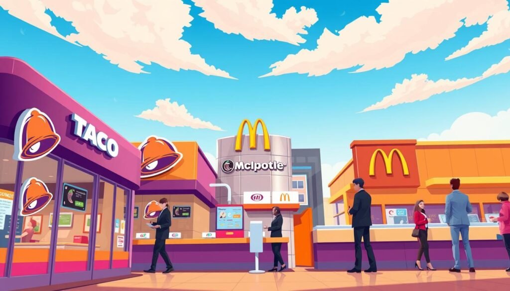 A dynamic illustration depicting a vibrant fast-food comparison scene, featuring a Taco Bell outlet in the foreground with its iconic purple and orange colors, and a digital display of payment options visible. In the middle, include competitor restaurants like Chipotle and McDonald's subtly integrated, showcasing their respective branding. The background should feature a bright blue sky with soft clouds, creating an inviting atmosphere. Use warm daylight to highlight the busy fast-food environment, capturing customers in professional attire making purchases at the counters, emphasizing convenience and modern payment methods. The angle should be a slightly elevated perspective, creating depth and focus on Taco Bell while still presenting a comprehensive view of the competitors.