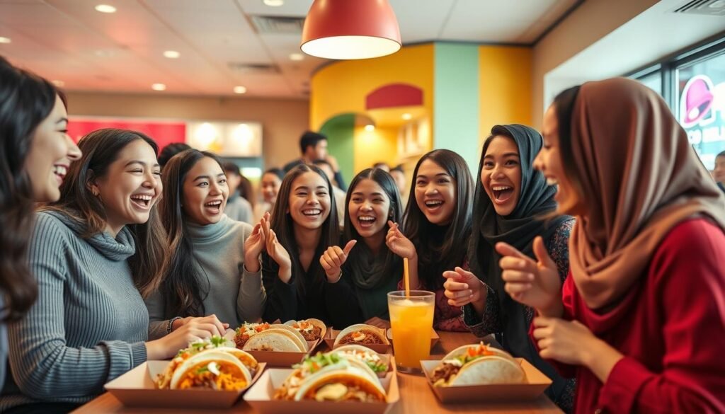 A lively Taco Bell restaurant interior bustling with excited customers. In the foreground, a diverse group of young adults in casual yet modest clothing enthusiastically react to trying new Taco Bell menu items, with joyful expressions and vibrant energy. The middle layer features an array of colorful food items on a table – tacos, burritos, and a refreshing drink – showcasing the new offerings. In the background, the restaurant's distinctive decor is visible, including bright colors and Taco Bell branding. Soft, warm lighting illuminates the scene, creating an inviting atmosphere. The angle captures the excitement, focusing on the reactions of the customers as they share their first impressions, emphasizing the joyful and communal experience of discovering new flavors.