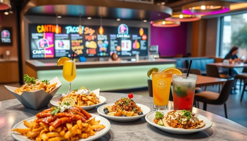 A stylish, vibrant Taco Bell Cantina menu display, featuring unique offerings like gourmet nachos, specialty tacos, and innovative drinks. In the foreground, a well-arranged table showcases beautifully plated food items and colorful beverages with decorative garnishes. The middle ground includes a sleek, modern counter displaying the Cantina menu, adorned with fresh ingredients and eye-catching graphic designs. In the background, a lively restaurant atmosphere with soft ambient lighting, showcasing contemporary decor and cozy seating, sets a welcoming tone. The scene is captured from a slight angle to emphasize depth and perspective, evoking a casual yet upscale vibe that highlights the distinctiveness of the Taco Bell Cantina menu.
