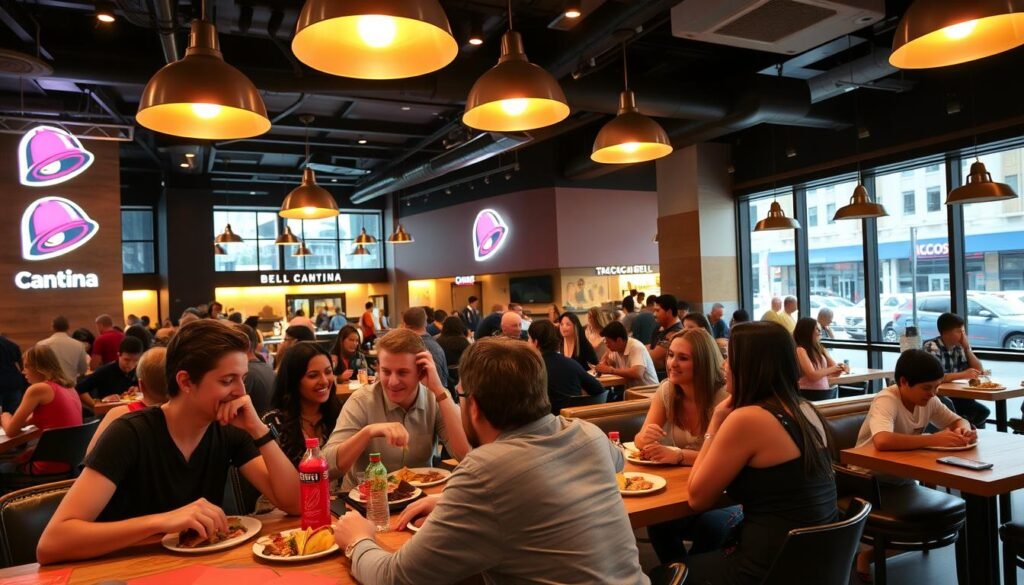 A vibrant Taco Bell Cantina location, featuring a lively atmosphere filled with diverse patrons enjoying their meals. In the foreground, a group of friends in casual attire share tacos at a communal table that has colorful, contemporary decor. The middle ground showcases the restaurant's open layout, with stylish pendant lights casting warm, inviting illumination over modern furnishings and eye-catching Taco Bell branding. In the background, large windows reveal a bustling city street, helping to create a sense of connection to the urban environment. The overall mood is fun and relaxed, emphasizing the unique dining experience of Taco Bell Cantina, with soft lighting that enhances the inviting atmosphere. The angle captures the lively interactions and modern elegance of the space.