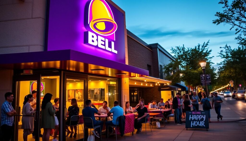 A vibrant Taco Bell location at dusk, showcasing the iconic purple and yellow signage illuminated against the night sky. In the foreground, a welcoming entrance with glass doors, displaying silhouettes of diverse customers casually enjoying their meals in modest attire. In the middle, a well-lit outdoor seating area with colorful tables and chairs, filled with happy groups of friends and families engaging in lively conversation during Taco Bell's Happy Hour. The background features a trendy urban neighborhood, with soft glowing streetlights and trees lining the street. The scene is captured with a wide-angle lens, emphasizing the bustling atmosphere and inviting ambiance, filled with warmth and excitement.