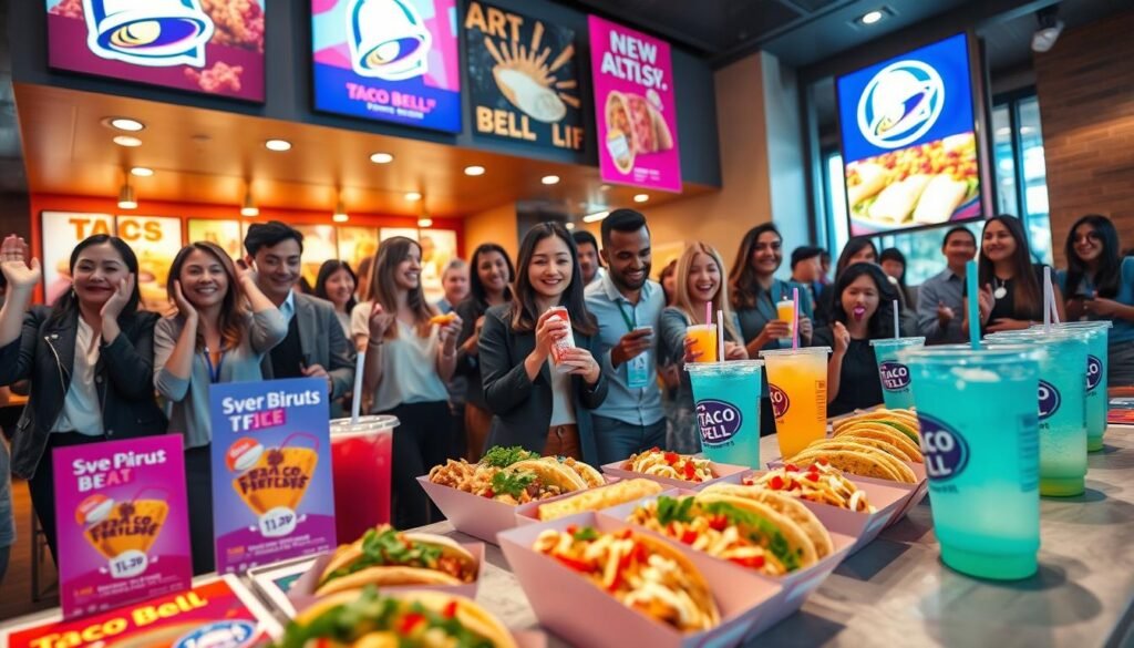 A vibrant Taco Bell promotional display featuring an enticing array of new menu items, including visually appealing tacos, burritos, and colorful drinks. In the foreground, focus on a stylish table filled with these items, adorned with eye-catching promotional materials like bright posters. The middle ground showcases an enthusiastic group of diverse people, dressed in smart casual attire, enjoying the food and engaging with the promotions, conveying a sense of excitement and community. The background features a modern Taco Bell restaurant, illuminated by warm, inviting lighting, with banners highlighting the new items. The overall mood is lively and upbeat, capturing the essence of Taco Bell's innovative marketing strategies. Use a wide-angle lens to enhance the dynamic composition. Ensure the image is bright and colorful to reflect the brand's playful spirit.