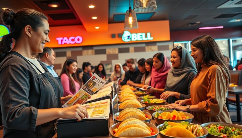 A vibrant Taco Bell restaurant interior, showcasing a diverse group of customers in modest casual clothing, enthusiastically customizing their gluten-free orders at a counter. In the foreground, a smiling employee assists a customer with a gluten-free menu, pointing to a colorful display of fresh ingredients like lettuce, tomatoes, and guacamole. The middle ground features an inviting variety of gluten-free items, like crispy taco shells and salads, artistically arranged. The background captures the bright, fun decor of the restaurant, with neon lights and a welcoming atmosphere. Soft, warm lighting enhances the lively scene, inviting a sense of community and excitement about dining choices. The image conveys a friendly and inclusive mood, emphasizing the message of accommodating dietary needs.
