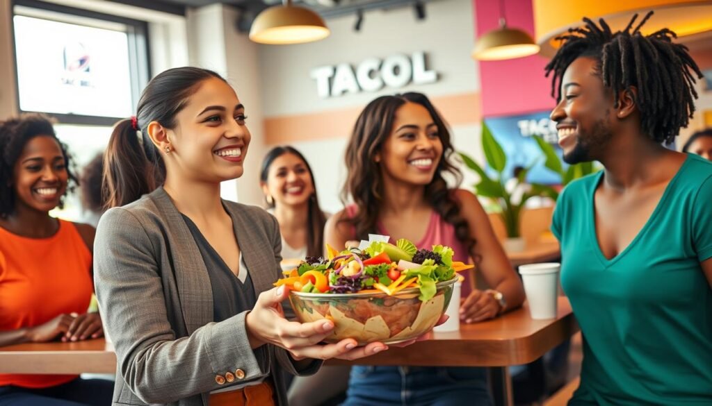 A vibrant Taco Bell restaurant scene featuring a diverse group of four people enjoying a gluten-free meal. In the foreground, a young woman in smart casual attire holds a colorful bowl filled with fresh ingredients, smiling at her friends. The middle layer showcases a clean, inviting dining area with bright colors and modern decor, including Taco Bell branding. In the background, a large window lets in warm natural light, highlighting the cheerful atmosphere. Add green plants for a touch of freshness. The overall mood is joyful and uplifting, emphasizing safety and inclusivity. Use a wide-angle lens to capture the entire scene, ensuring a lively yet relaxed environment, free from distractions or clutter.