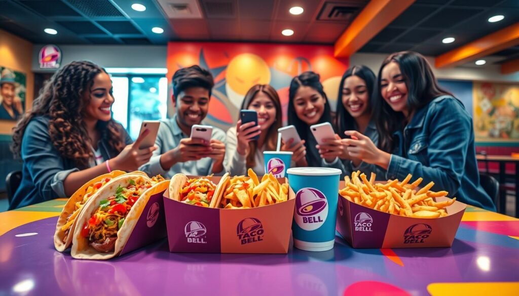 A vibrant Taco Bell restaurant scene featuring a group of diverse young adults engaging in lively social media interactions over a Taco Bell 5 Dollar Box meal. In the foreground, several beautifully arranged tacos, nachos, and a drink are placed on a colorful table. The middle ground shows the friends joyfully taking photos of their food and posting online, dressed in casual yet stylish clothing, with smiles and animated expressions. The background showcases the restaurant's interior, decorated with Taco Bell branding and colorful murals, illuminated by soft, warm lighting that creates an inviting atmosphere. Capture the excitement and camaraderie among friends in this cheerful setting, with a focus on the food and social interaction, shot from a slightly elevated angle, using a wide lens to encompass the playful mood.