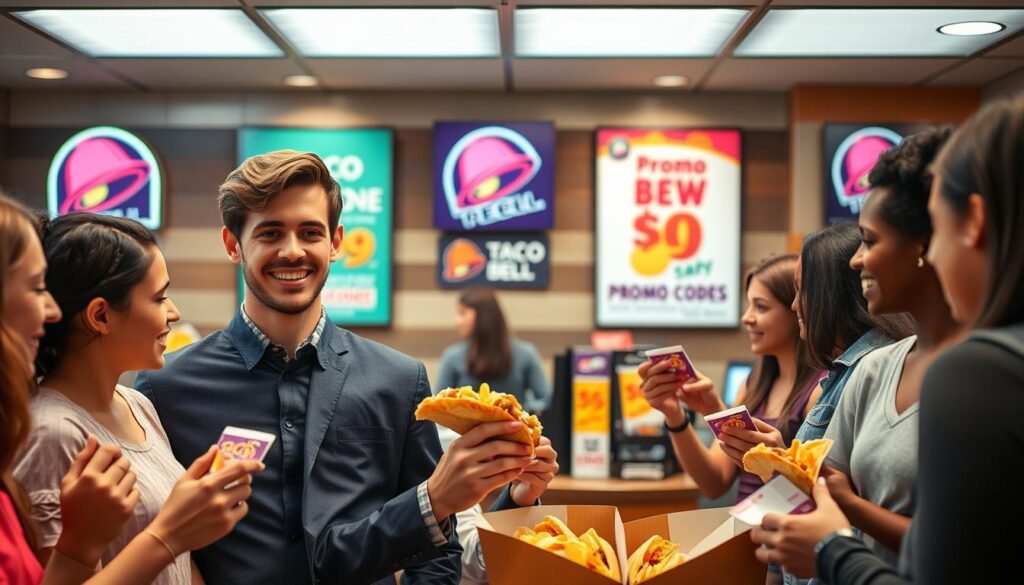 A vibrant Taco Bell restaurant scene showcasing diverse customers actively engaging with their favorite menu items, conveying a sense of community and loyalty. In the foreground, a young professional in a smart casual outfit smiles while holding a taco, surrounded by friends who are excitedly sharing their food. The middle ground features a friendly cashier behind the counter, promoting taco specials and displaying loyalty cards. In the background, colorful Taco Bell branding and promotional posters for promo codes create an inviting atmosphere. Soft, warm lighting shines above, giving a welcoming glow, with a slight depth of field to focus on the interactions. The overall mood is cheerful and lively, emphasizing the positive impact of promotional codes on customer loyalty.