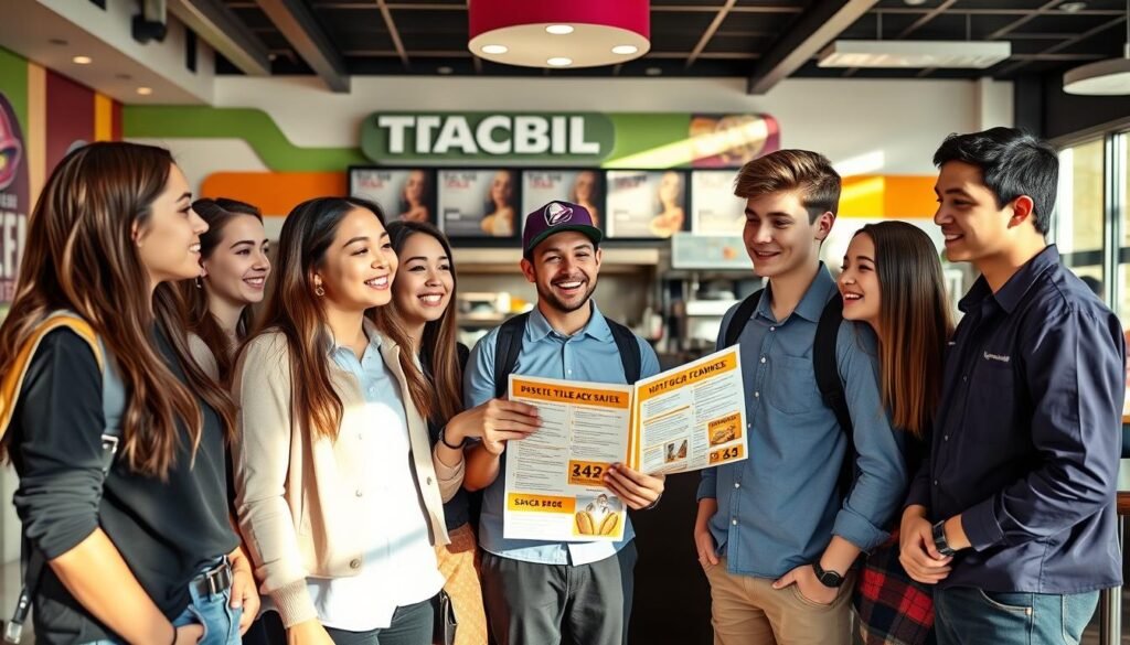 A vibrant Taco Bell restaurant setting, emphasizing youth and opportunity. In the foreground, a group of diverse teenagers, aged around 16-18 years old, dressed in smart casual attire, happily discussing their potential job roles while pointing at a Taco Bell menu. The middle layer includes the recognizable Taco Bell counter and kitchen area, with friendly employees in uniforms preparing food. The background features a colorful interior with the distinctive Taco Bell branding and decor. Natural lighting streams through the windows, creating a welcoming atmosphere. The overall mood is optimistic and energetic, showcasing a positive work environment for young employees.