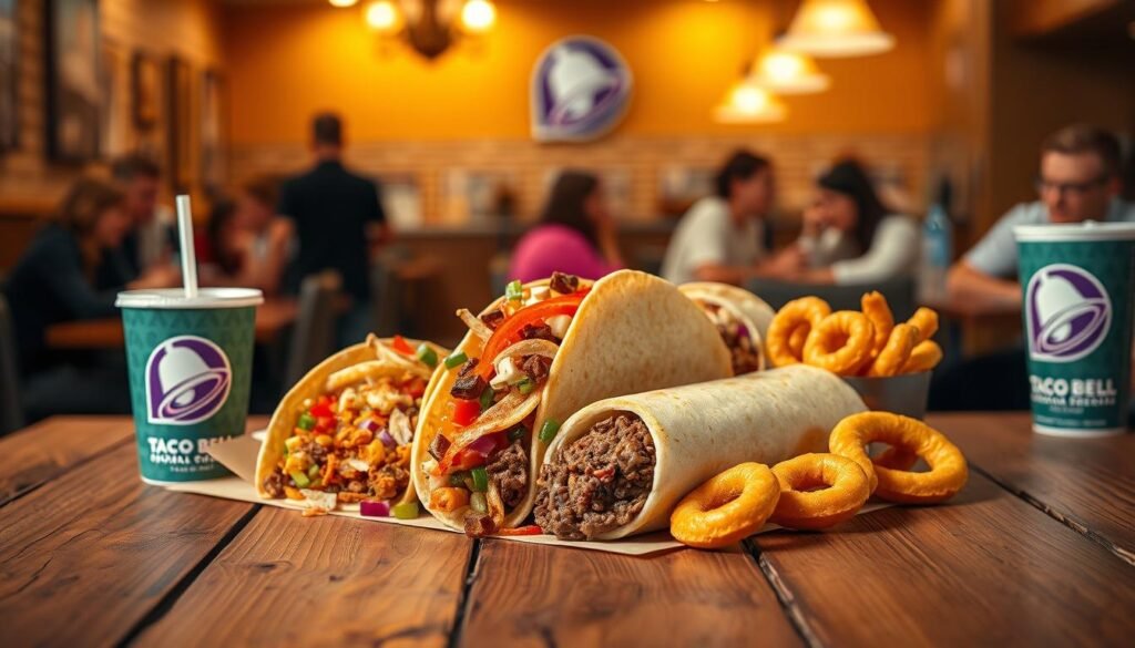 A vibrant and appetizing Taco Bell 5 Dollar Box meal arranged on a rustic wooden table in the foreground, showcasing its contents: a crunchy taco, a burrito, seasoned beef, a side of cinnamon twists, and a medium drink, all styled appealingly. The middle ground features colorful ingredients spilling out of a drooping taco, emphasizing the value of the meal. The background is softly blurred, revealing the warm ambiance of a bustling fast-food restaurant with patrons enjoying their meals. Warm, bright lighting highlights the food, creating an inviting atmosphere. The image captures the essence of affordability and satisfaction in dining, evoking a sense of happiness and choice. The angle is slightly overhead, providing a clear view of the meal's details while maintaining a focus on its generous portions.