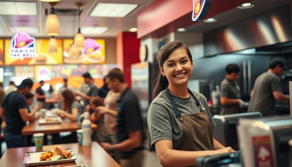 A vibrant and bustling Taco Bell restaurant interior, showcasing various entry-level positions in action. In the foreground, a friendly young employee wearing a Taco Bell uniform is taking an order at the register with a smile, while another is preparing food in the kitchen. The middle ground includes a diverse group of customers enjoying their meals, reflecting a welcoming atmosphere. The background features colorful Taco Bell branding and a busy kitchen with staff working efficiently. Soft, warm lighting creates an inviting mood, capturing the essence of a fast-paced yet friendly work environment. The perspective is slightly from a low angle, emphasizing the busy atmosphere and engagement among employees and customers, creating a sense of community and teamwork within the restaurant.