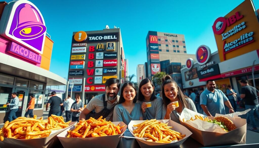 A vibrant and busy fast-food scene showcasing a Taco Bell restaurant on one side, brightly lit with its iconic purple and yellow color scheme, and a variety of other fast-food logos and buildings on the opposite side, each with distinct branding. In the foreground, a few appetizing dishes from both Taco Bell and competing chains are displayed side by side, emphasizing the contrast in styles and presentation. The middle ground features a friendly, diverse group of individuals in modest casual clothing enjoying their meals together, creating a sense of community. The background captures a lively urban setting with a bright blue sky and sunlight casting warm tones, adding a cheerful atmosphere. Use a wide-angle lens to capture the full scene, ensuring clear details and vibrant colors.