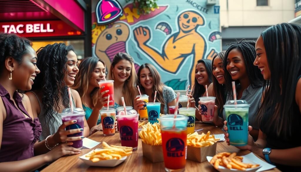A vibrant and colorful scene showcasing the cultural influence of Taco Bell specialty drinks. In the foreground, a group of diverse young adults, ethnically varied, enjoying Taco Bell drinks—boldly colored freezes and unique beverages in stylish cups. They are casually dressed, laughing and sharing stories, embodying a fun social atmosphere. In the middle, a table filled with iconic Taco Bell menu items complements the drinks, enhancing the festive mood. The background features a lively urban setting, with Taco Bell branding subtly visible on a restaurant sign and a colorful mural depicting Mexican-inspired art. The lighting is warm and inviting, creating a cheerful ambiance, while the angle is slightly overhead to capture the joy of the group and their drinks. A vibrant and colorful scene showcasing the cultural influence of Taco Bell specialty drinks. In the foreground, a group of diverse young adults, ethnically varied, enjoying Taco Bell drinks—boldly colored freezes and unique beverages in stylish cups. They are casually dressed, laughing and sharing stories, embodying a fun social atmosphere. In the middle, a table filled with iconic Taco Bell menu items complements the drinks, enhancing the festive mood. The background features a lively urban setting, with Taco Bell branding subtly visible on a restaurant sign and a colorful mural depicting Mexican-inspired art. The lighting is warm and inviting, creating a cheerful ambiance, while the angle is slightly overhead to capture the joy of the group and their drinks.