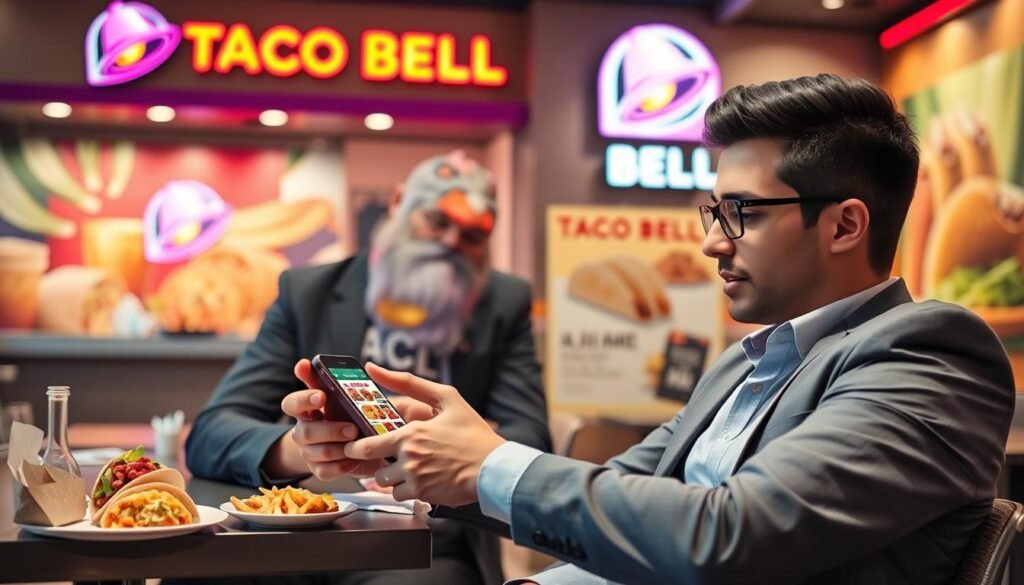 A vibrant and dynamic scene illustrating the effective use of Taco Bell promo codes. In the foreground, a well-dressed young adult, casually seated at a table, examines a smartphone displaying a Taco Bell app. Surrounding the smartphone are enticing images of various Taco Bell menu items, like tacos and burritos, artfully arranged. In the middle background, a stylishly designed Taco Bell restaurant showcases its colorful branding and a promotional poster highlighting various available discounts. The lighting is bright and energetic, capturing the ambiance of a busy lunch hour, with soft focus on the background. The overall atmosphere conveys excitement and the thrill of smart savings, with bright colors emphasizing the freshness of the food and the joy of using promo codes effectively.