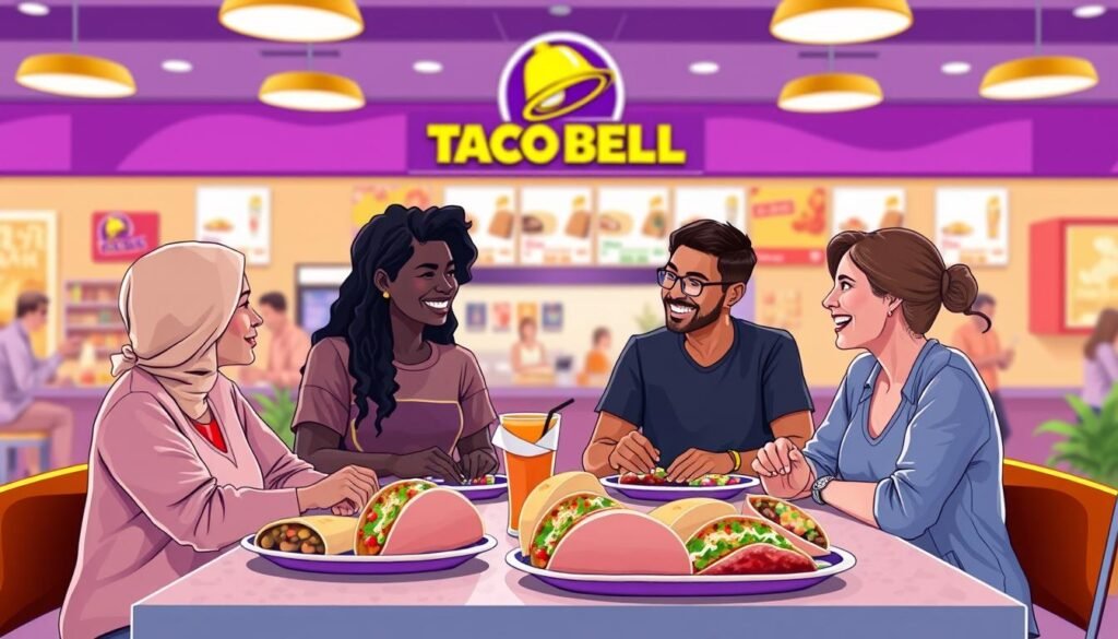 A vibrant and engaging illustration of a series of customer reviews about Taco Bell experiences. In the foreground, a diverse group of four individuals, dressed in casual, modest clothing, are seated at a Taco Bell table, animatedly discussing their dining experiences. The middle ground features an array of Taco Bell menu items like tacos and burritos, artistically arranged to emphasize their deliciousness. In the background, a bustling Taco Bell restaurant with bright, inviting colors and a friendly atmosphere, highlighting the lunch rush. Soft, natural lighting enhances the scene, creating a warm and welcoming vibe, while a slight depth of field blurs the background just enough to focus attention on the customers and food. The overall mood is lively, cheerful, and inviting, reflecting the enjoyable experiences shared by customers.