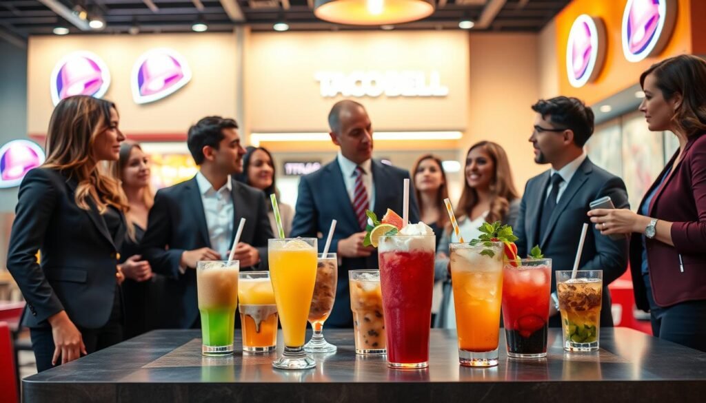 A vibrant and engaging scene showcasing Taco Bell's market strategy specifically focused on their specialty drinks. In the foreground, a diverse group of professionals dressed in smart business attire discuss various colorful specialty drinks placed on a table, depicting innovation and excitement. In the middle ground, an artistic display of Taco Bell's specialty drink menu items, featuring unique beverage concepts such as fruity slushes and iced teas with artistic garnishes. The background showcases a modern, brightly lit Taco Bell restaurant environment, with playful branding and logos. Bright, energetic lighting focuses on the drinks, while soft lighting enhances the professionals engaged in discussion. The overall mood is creative, dynamic, and forward-thinking, reflecting Taco Bell's youthful and adventurous brand identity. A vibrant and engaging scene showcasing Taco Bell's market strategy specifically focused on their specialty drinks. In the foreground, a diverse group of professionals dressed in smart business attire discuss various colorful specialty drinks placed on a table, depicting innovation and excitement. In the middle ground, an artistic display of Taco Bell's specialty drink menu items, featuring unique beverage concepts such as fruity slushes and iced teas with artistic garnishes. The background showcases a modern, brightly lit Taco Bell restaurant environment, with playful branding and logos. Bright, energetic lighting focuses on the drinks, while soft lighting enhances the professionals engaged in discussion. The overall mood is creative, dynamic, and forward-thinking, reflecting Taco Bell's youthful and adventurous brand identity.
