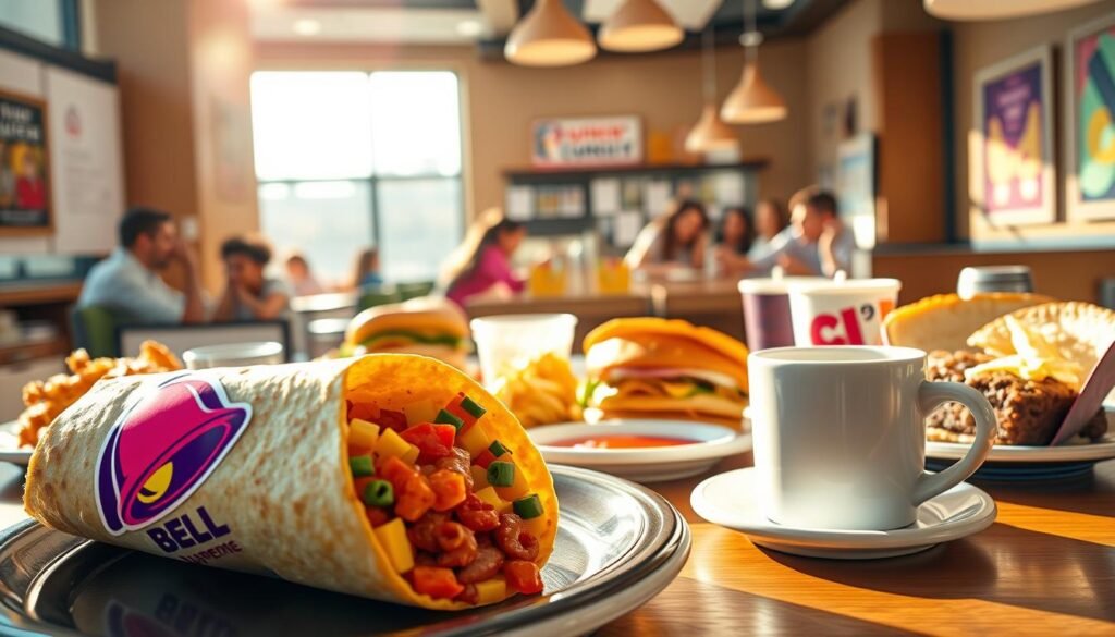 A vibrant and engaging scene showcasing a Taco Bell breakfast in the foreground, featuring a colorful array of breakfast items like a Crunchwrap Supreme, breakfast burritos, and a steaming cup of coffee. The middle ground highlights several competitive fast-food breakfast offerings, such as sandwiches from McDonald's and coffee from Dunkin', all presented on stylish plates. In the background, a bright, sunlit fast-food restaurant setting invites warmth and cheerfulness, with customers enjoying their meals. The lighting is soft and inviting, creating a cozy atmosphere. The angle is slightly elevated, capturing the essence of a breakfast showdown. The mood is friendly and competitive, emphasizing variety and appeal in the breakfast menu offerings of Taco Bell compared to its rivals.