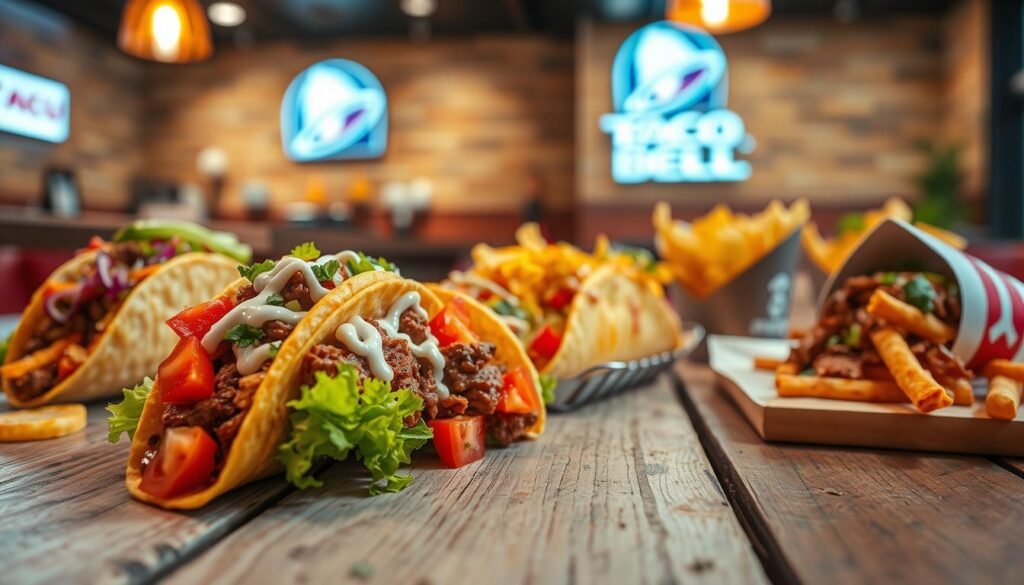A vibrant and enticing display of Taco Bell's limited-time offerings, featuring a variety of colorful tacos, burritos, and nachos artfully arranged on a rustic wooden table. In the foreground, a close-up of a crunchy taco filled with fresh lettuce, juicy tomatoes, and flavorful seasoned beef, topped with melted cheese and a drizzle of creamy sauce. In the middle, a selection of limited-time menu items, each uniquely presented, with eye-catching garnishes and bright colors. The background fades into a soft-focus, showcasing the iconic Taco Bell logo and a cozy fast-food setting with warm lighting, evoking a nostalgic yet contemporary atmosphere. The mood is appetizing and inviting, perfect for food enthusiasts. A vibrant and enticing display of Taco Bell's limited-time offerings, featuring a variety of colorful tacos, burritos, and nachos artfully arranged on a rustic wooden table. In the foreground, a close-up of a crunchy taco filled with fresh lettuce, juicy tomatoes, and flavorful seasoned beef, topped with melted cheese and a drizzle of creamy sauce. In the middle, a selection of limited-time menu items, each uniquely presented, with eye-catching garnishes and bright colors. The background fades into a soft-focus, showcasing the iconic Taco Bell logo and a cozy fast-food setting with warm lighting, evoking a nostalgic yet contemporary atmosphere. The mood is appetizing and inviting, perfect for food enthusiasts.