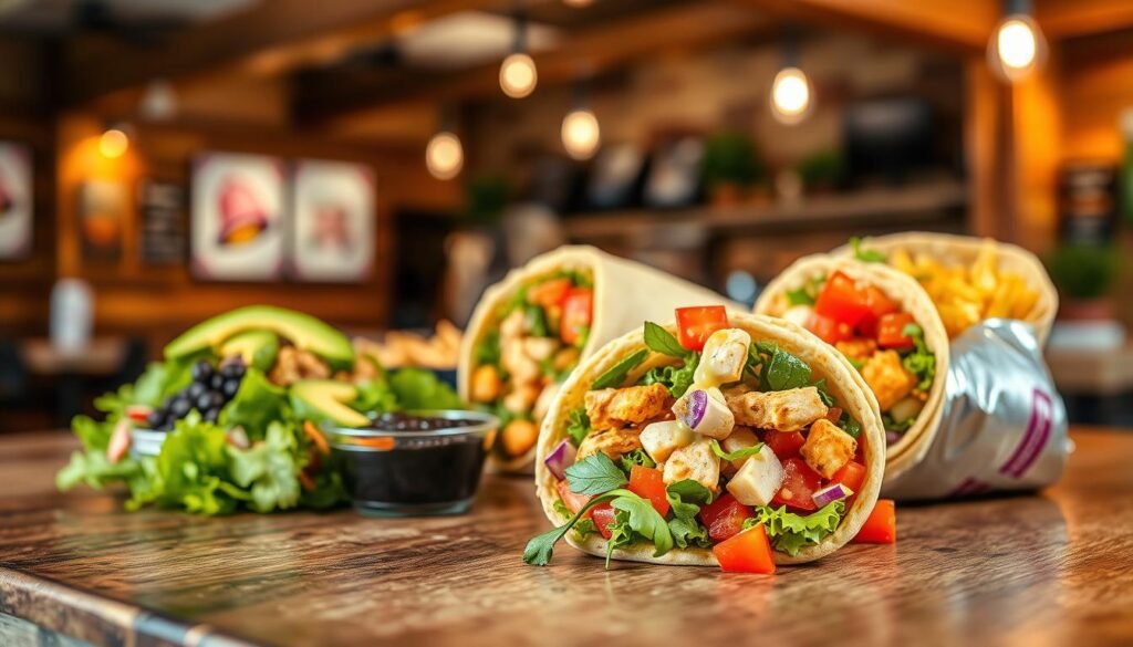 A vibrant and inviting display of healthy Taco Bell options arranged on a rustic wooden table. In the foreground, feature a colorful, fresh taco salad with lean proteins like grilled chicken, topped with avocado, diced tomatoes, and a drizzle of light dressing. To the side, showcase a crunchy veggie-filled wrap, cut in half to reveal the colorful ingredients inside. In the middle ground, display a selection of side dishes, including a portion of black beans and a small bowl of fresh salsa. The background features a blurred rustic restaurant interior with soft, warm lighting, creating a cozy and inviting atmosphere. The scene is shot from a slightly elevated angle, capturing the brightness and freshness of the food while evoking a sense of health and well-being. The overall mood should be cheerful and appetizing, appealing to health-conscious diners.