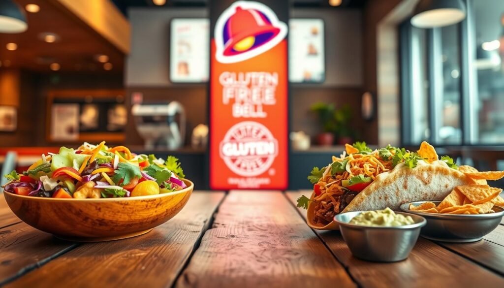 A vibrant and inviting display showcasing Taco Bell's gluten-free options. In the foreground, various gluten-free menu items are artistically arranged on a rustic wooden table, including a stylized burrito bowl with colorful fresh vegetables, a crunchy taco with lettuce and tomatoes, and a side of chips with guacamole. In the middle, there’s a brightly lit Taco Bell menu board featuring the gluten-free label prominently. The background features a softly blurred interior of a Taco Bell restaurant, with warm, ambient lighting creating a welcoming atmosphere. The entire scene evokes a modern, casual dining experience, inviting viewers to explore Taco Bell’s gluten-free offerings. The angle is slightly overhead to capture the variety of food while emphasizing the vibrant colors and textures.