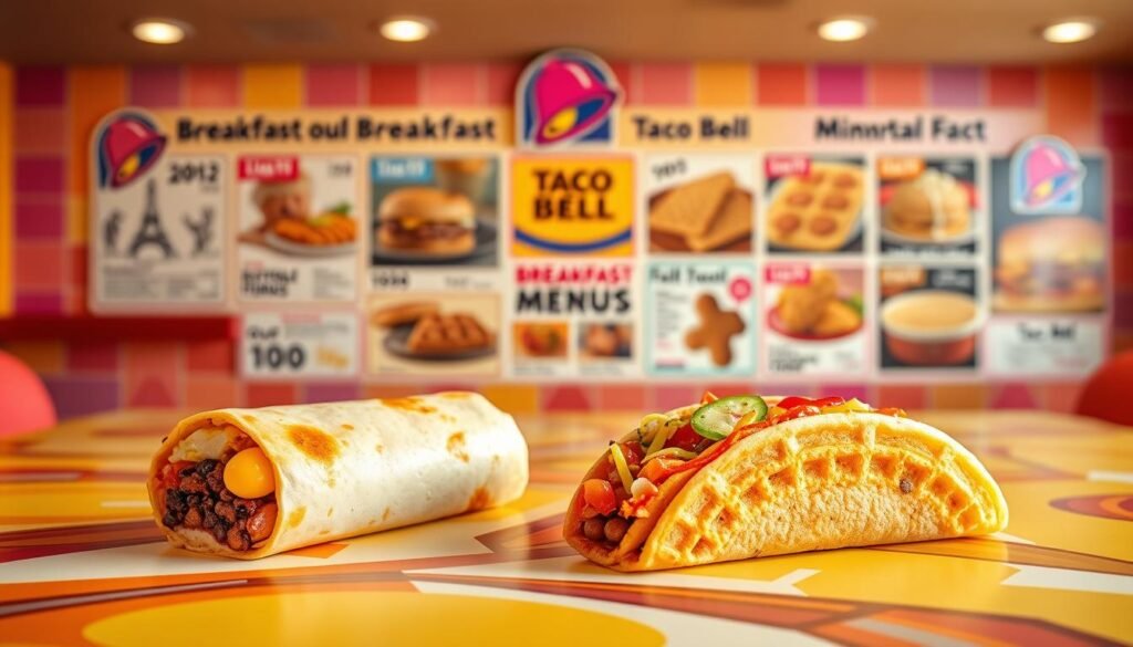 A vibrant and nostalgic representation of Taco Bell's breakfast evolution, featuring a beautifully arranged table showcasing various breakfast items over the years. In the foreground, include a classic breakfast burrito and a colorful waffle taco, artistically presented on a bright, branded mural background that reflects the Taco Bell aesthetic. In the mid-ground, display vintage advertisements illustrating the evolution of menu items, with images transitioning from early breakfast offerings to modern creations. The background should feature a softly blurred Taco Bell restaurant, enhancing the sense of history. Use warm, natural lighting to create an inviting atmosphere, highlighting the textures of the food. The composition should convey a sense of delightful discovery, inviting the viewer to explore Taco Bell's breakfast timeline in a professional, engaging style. A vibrant and nostalgic representation of Taco Bell's breakfast evolution, featuring a beautifully arranged table showcasing various breakfast items over the years. In the foreground, include a classic breakfast burrito and a colorful waffle taco, artistically presented on a bright, branded mural background that reflects the Taco Bell aesthetic. In the mid-ground, display vintage advertisements illustrating the evolution of menu items, with images transitioning from early breakfast offerings to modern creations. The background should feature a softly blurred Taco Bell restaurant, enhancing the sense of history. Use warm, natural lighting to create an inviting atmosphere, highlighting the textures of the food. The composition should convey a sense of delightful discovery, inviting the viewer to explore Taco Bell's breakfast timeline in a professional, engaging style.