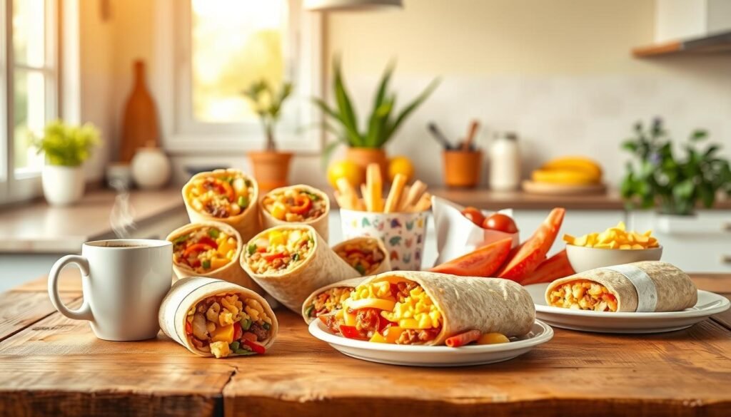 A vibrant breakfast scene showcasing a mix of popular breakfast items, framed on a rustic wooden table. In the foreground, a variety of delicious Taco Bell breakfast options such as Crunchwraps and breakfast burritos, artistically arranged next to a steaming cup of coffee and a plate of fresh fruit. In the middle, a warm, inviting atmosphere created by soft, natural morning light filtering through a nearby window, illuminating the delicious items. The background features a casually designed kitchen with pastel-colored walls and subtle green plants, enhancing the fresh, appetizing mood. The image captures a sense of comfort and choice, reflecting customer preferences in a delightful breakfast setting. The angle should be slightly elevated to highlight the food composition while keeping focus on the breakfast items without distracting elements. A vibrant breakfast scene showcasing a mix of popular breakfast items, framed on a rustic wooden table. In the foreground, a variety of delicious Taco Bell breakfast options such as Crunchwraps and breakfast burritos, artistically arranged next to a steaming cup of coffee and a plate of fresh fruit. In the middle, a warm, inviting atmosphere created by soft, natural morning light filtering through a nearby window, illuminating the delicious items. The background features a casually designed kitchen with pastel-colored walls and subtle green plants, enhancing the fresh, appetizing mood. The image captures a sense of comfort and choice, reflecting customer preferences in a delightful breakfast setting. The angle should be slightly elevated to highlight the food composition while keeping focus on the breakfast items without distracting elements.