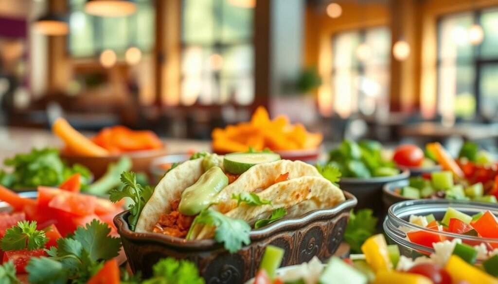A vibrant, close-up view of customizable tacos from Taco Bell, showcasing an array of fresh ingredients like crisp lettuce, ripe tomatoes, zesty cilantro, and colorful diced peppers. The foreground features a freshly made taco nestled in a decorative dish, adorned with a sprig of lime and a dollop of creamy avocado dressing. In the middle ground, a variety of ingredient bowls, each filled with healthy toppings, create a rich tapestry of color and texture. The background should softly blur to reveal a warm, inviting Taco Bell restaurant ambiance filled with natural light streaming through large windows. The scene conveys a wholesome, inviting atmosphere, emphasizing healthy eating choices with a modern aesthetic. The composition captures the essence of customizable tacos in a health-conscious context.