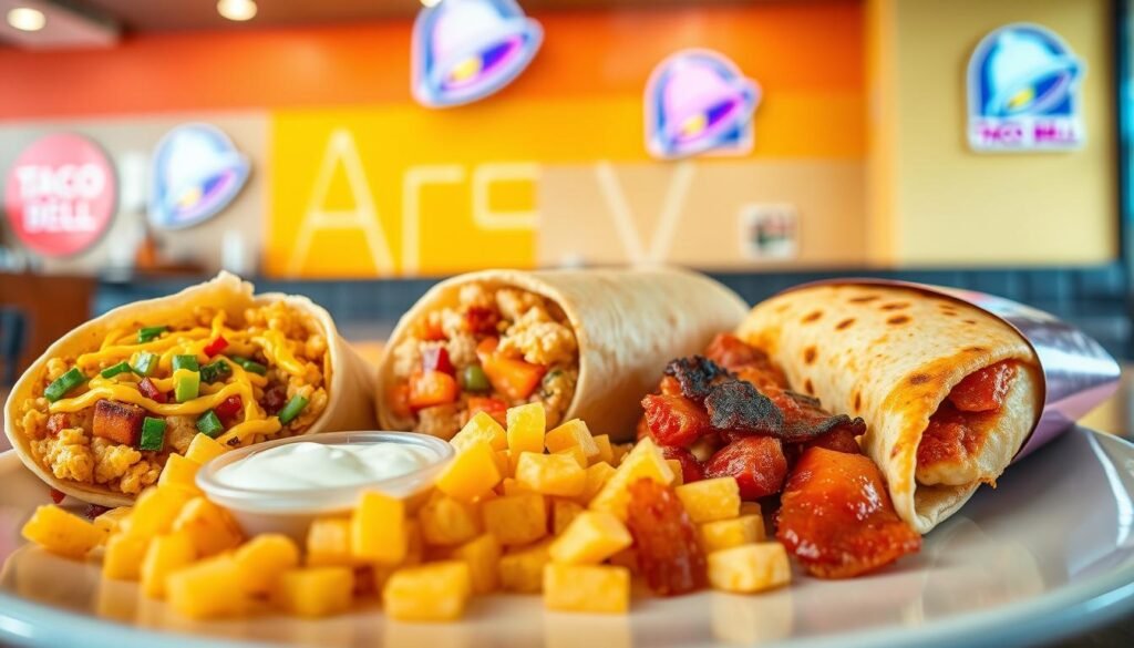 A vibrant display of Taco Bell breakfast menu items featuring a variety of signature offerings like the Breakfast Crunchwrap, Cheesy Fiesta Potatoes, and a Bacon Quesadilla. In the foreground, a beautifully arranged plate showcases these items with golden, flaky wraps, colorful diced vegetables, and a side of creamy ranch sauce. The middle of the image includes a mouthwatering burrito with steam rising, emphasizing freshness. The background features a Taco Bell café setting, with bright colors and logos subtly integrated, enhancing the casual dining atmosphere. Soft morning light casts a warm glow over the scene, creating an inviting mood. Use a 50mm lens for clear focus on the food, ensuring vivid detail and depth of field.
