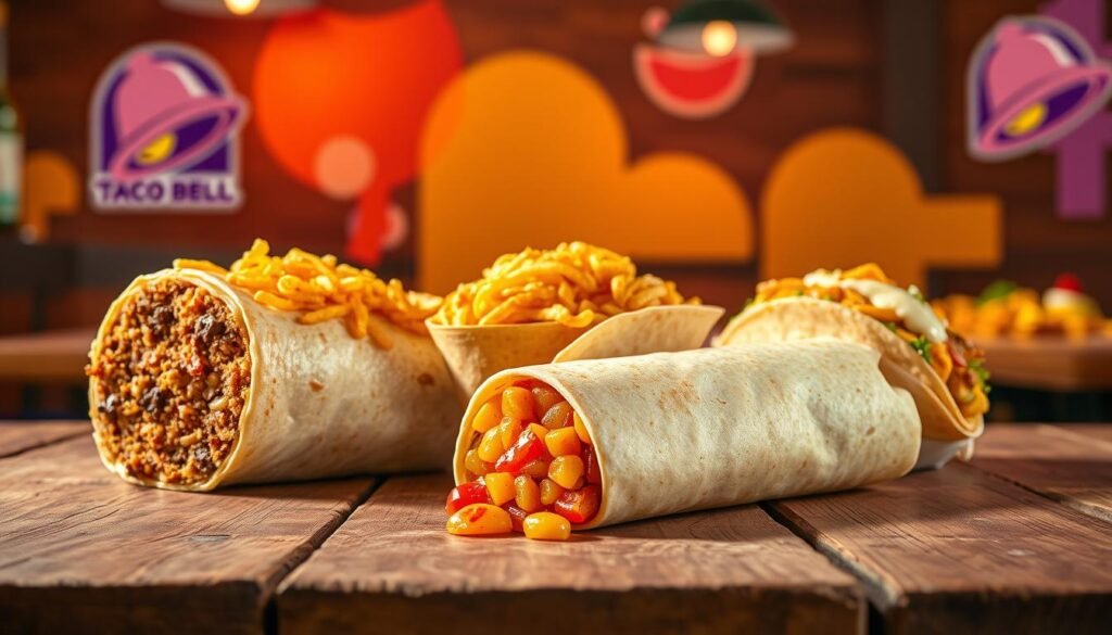 A vibrant display of Taco Bell's fan-favorite discontinued menu items arranged artfully on a rustic wooden table. In the foreground, highlight the iconic Beefy Crunch Burrito, a Cheesy Fiesta Potatoes, and a Crunchwrap Supreme, showcasing their textures and colors. The middle layer captures the warm ambiance of a cozy fast-food setting with soft diffused lighting creating an inviting atmosphere, enhancing the vivid yellow and red hues associated with Taco Bell. In the background, abstract shapes of Taco Bell’s branding subtly blend with a blurred image of tacos and nachos, evoking nostalgia. The angle is slightly tilted downwards, focusing on the delicious food while maintaining a cheerful and energetic vibe, perfect for celebrating beloved menu items of the past. A vibrant display of Taco Bell's fan-favorite discontinued menu items arranged artfully on a rustic wooden table. In the foreground, highlight the iconic Beefy Crunch Burrito, a Cheesy Fiesta Potatoes, and a Crunchwrap Supreme, showcasing their textures and colors. The middle layer captures the warm ambiance of a cozy fast-food setting with soft diffused lighting creating an inviting atmosphere, enhancing the vivid yellow and red hues associated with Taco Bell. In the background, abstract shapes of Taco Bell’s branding subtly blend with a blurred image of tacos and nachos, evoking nostalgia. The angle is slightly tilted downwards, focusing on the delicious food while maintaining a cheerful and energetic vibe, perfect for celebrating beloved menu items of the past.
