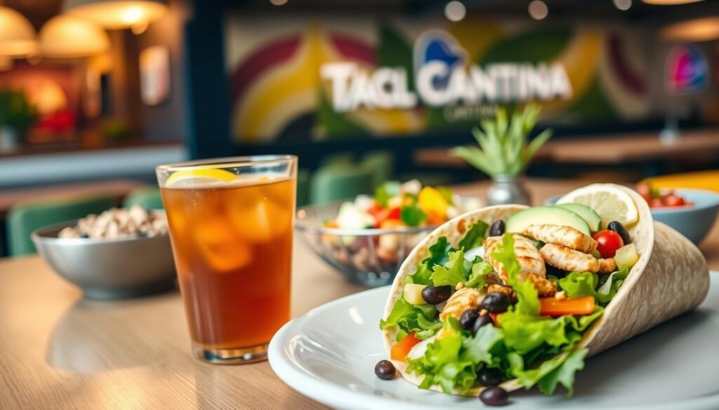 A vibrant display of the healthier options from the Taco Bell Cantina Menu, featuring colorful, fresh ingredients. In the foreground, a beautifully arranged platter showcasing a customized salad wrapped in a whole grain tortilla, with toppings like grilled chicken, black beans, lettuce, and avocado. Next to it, a refreshing beverage in a clear cup, filled with herbal tea and garnished with a lemon wedge. In the middle ground, lightly blurred, display additional items such as a bowl of quinoa and vegetables, and a side of fresh salsa. The background subtly features the Taco Bell Cantina interior, with modern decor and warm, inviting lighting that creates a relaxed atmosphere. The angle is slightly above eye level, capturing the delicious food and inviting environment. The mood is healthy and inviting, perfect for a casual dining experience.