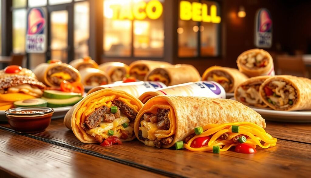 A vibrant, enticing display of Taco Bell breakfast favorites, featuring a delicious spread of Crunchwrap Supremes, Breakfast Burritos, and Cinnabon Delights laid out on a rustic wooden table. In the foreground, a golden-brown Crunchwrap Supreme is half unwrapped, showcasing layers of scrambled eggs, sausage, and melted cheese, with a side of fresh salsa. The middle ground highlights an assortment of breakfast items, including colorful, stuffed burritos and pastries, all plated with fresh avocados and tomatoes. In the background, a softly blurred Taco Bell restaurant exterior with early morning light streaming through the windows, casting warm hues across the scene. The overall atmosphere is inviting and cheerful, evoking the joy of a satisfying breakfast experience. A vibrant, enticing display of Taco Bell breakfast favorites, featuring a delicious spread of Crunchwrap Supremes, Breakfast Burritos, and Cinnabon Delights laid out on a rustic wooden table. In the foreground, a golden-brown Crunchwrap Supreme is half unwrapped, showcasing layers of scrambled eggs, sausage, and melted cheese, with a side of fresh salsa. The middle ground highlights an assortment of breakfast items, including colorful, stuffed burritos and pastries, all plated with fresh avocados and tomatoes. In the background, a softly blurred Taco Bell restaurant exterior with early morning light streaming through the windows, casting warm hues across the scene. The overall atmosphere is inviting and cheerful, evoking the joy of a satisfying breakfast experience.