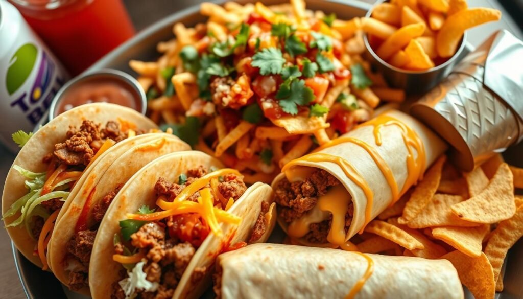A vibrant overhead view of a colorful Taco Bell lunch spread, featuring a variety of popular items like tacos, burritos, and nachos. In the foreground, a handful of crunchy tacos filled with seasoned beef, lettuce, and cheese, alongside a classic burrito wrapped tightly with melted cheese oozing out. The middle ground showcases a generous portion of nachos topped with guacamole and salsa, garnished with fresh cilantro. Soft natural lighting creates a warm, inviting atmosphere, emphasizing the freshness of the ingredients. The background is subtly blurred, hinting at a lively fast-food setting without distracting from the main focus. The overall mood is cheerful and appetizing, perfect for highlighting the allure of lunchtime at Taco Bell.