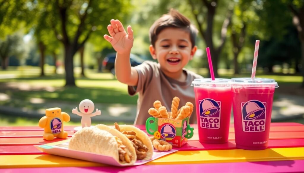 A vibrant scene showcasing a Taco Bell Kids Meal prominently displayed in the foreground on a colorful picnic table. The meal includes a small taco, a side of cinnamon twists, and a drink with a playful straw. Surrounding the meal are promotional toys like a cute plastic figure and a fun puzzle, adding an element of excitement. In the middle ground, a cheerful child in modest clothing is joyfully reaching for a toy, embodying the fun and value of the meal. The background features a sunny, playful park atmosphere with soft, diffused sunlight filtering through green trees, enhancing the sense of joy and value associated with the Taco Bell Kids Meal. The overall mood is lighthearted and engaging. A vibrant scene showcasing a Taco Bell Kids Meal prominently displayed in the foreground on a colorful picnic table. The meal includes a small taco, a side of cinnamon twists, and a drink with a playful straw. Surrounding the meal are promotional toys like a cute plastic figure and a fun puzzle, adding an element of excitement. In the middle ground, a cheerful child in modest clothing is joyfully reaching for a toy, embodying the fun and value of the meal. The background features a sunny, playful park atmosphere with soft, diffused sunlight filtering through green trees, enhancing the sense of joy and value associated with the Taco Bell Kids Meal. The overall mood is lighthearted and engaging.