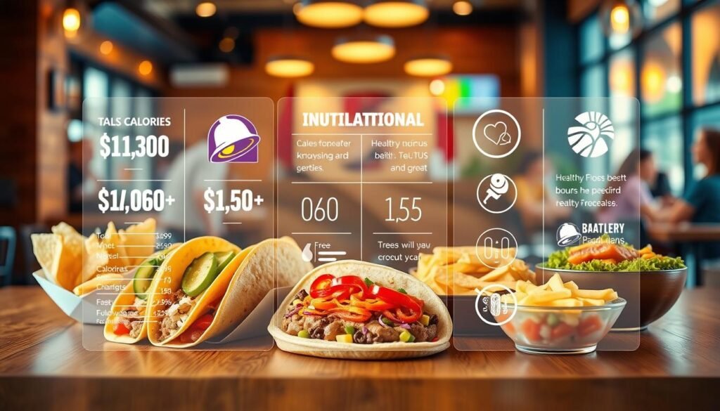 A visually appealing and informative depiction of nutritional information for Taco Bell, centered in the foreground with colorful images of various menu items like tacos, burritos, and bowls, arranged neatly on a wooden table. In the middle, overlay transparent infographics showcasing calorie counts, protein content, and healthy options, designed in a sleek, modern style. The background features a softly blurred, warm-toned restaurant ambiance, hinting at a lively atmosphere with customers enjoying their meals—captured with a shallow depth of field. The lighting is bright and inviting, highlighting the fresh ingredients, creating an overall mood of health and vitality. The image remains free of text, promoting a clean and professional look suitable for readers seeking healthy dining choices.