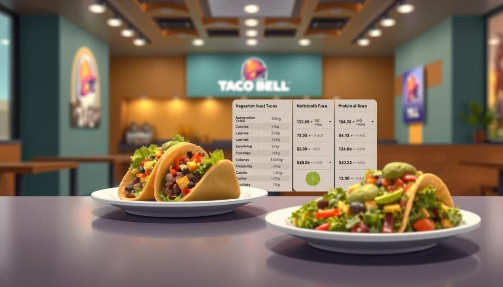A visually appealing and informative illustration depicting the nutritional information of Taco Bell's vegetarian menu options. In the foreground, a neatly arranged plate features colorful vegetarian tacos filled with fresh ingredients like lettuce, beans, cheese, and guacamole, artfully presented. In the middle ground, a sleek table displays a well-organized infographic that highlights nutritional details such as calories, protein, and fiber content in an elegant layout. The background shows a modern, vibrant Taco Bell restaurant setting with warm lighting that creates a welcoming atmosphere. Use a slightly elevated angle to capture both the food and the infographic effectively, ensuring clarity and detail. The overall mood is professional yet inviting, perfect for emphasizing health-conscious dining.