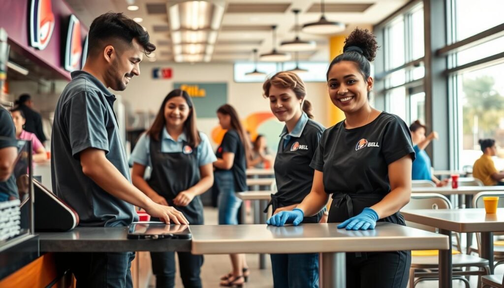 A visually engaging scene depicting a diverse group of young workers in a Taco Bell setting, focusing on the theme of youth labor laws. In the foreground, three adolescents aged 16-18 are engaged in various tasks: one is taking an order at the counter, another is preparing food with a supervisor nearby, and the third is smiling while cleaning a table, all dressed in smart, modest Taco Bell uniforms. In the middle ground, the bustling restaurant environment showcases colorful decor and an inviting atmosphere, with other patrons enjoying their meals. The background features a bright, natural light filtering through large windows, enhancing the cheerful, productive mood of the space. The composition should be captured with a slightly tilted angle to convey a dynamic perspective, highlighting the energy and vibrancy of youthful employment in a fast-food setting.