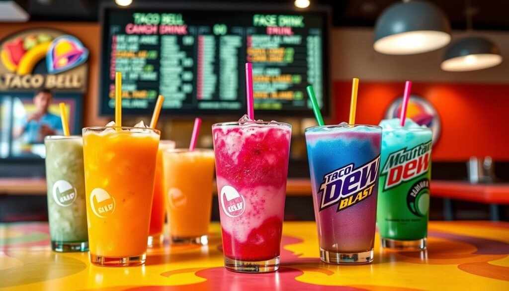 An artistic display of a variety of Taco Bell specialty drinks set on a vibrant, colorful tabletop. In the foreground, several clear cups filled with different beverages such as a bright orange Mango Freeze, a refreshing Blue Raspberry Freeze, and a classic Mountain Dew Baja Blast, each topped with ice and colorful straws. In the middle ground, a blurred menu board features enticing drink options to evoke the Taco Bell ambiance. The background includes the soft glow of ambient restaurant lighting, emphasizing a casual, lively atmosphere. Capture the scene from a slight overhead angle to highlight the drinks effectively, ensuring a bright and inviting mood. The image should be vivid and enticing, showcasing the diverse offerings of Taco Bell’s beverages. An artistic display of a variety of Taco Bell specialty drinks set on a vibrant, colorful tabletop. In the foreground, several clear cups filled with different beverages such as a bright orange Mango Freeze, a refreshing Blue Raspberry Freeze, and a classic Mountain Dew Baja Blast, each topped with ice and colorful straws. In the middle ground, a blurred menu board features enticing drink options to evoke the Taco Bell ambiance. The background includes the soft glow of ambient restaurant lighting, emphasizing a casual, lively atmosphere. Capture the scene from a slight overhead angle to highlight the drinks effectively, ensuring a bright and inviting mood. The image should be vivid and enticing, showcasing the diverse offerings of Taco Bell’s beverages.